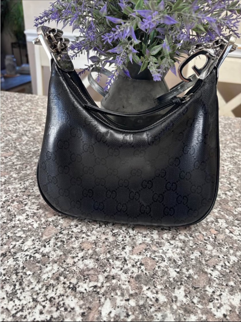 Gucci Black GG Monogram Shoulder Bag with Silver Hardware